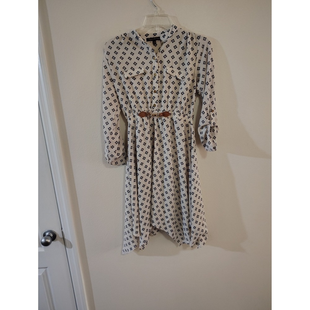 Ryan Michelle Petite Shirt Dress White Navy Geometric Handkerchief Hem PS